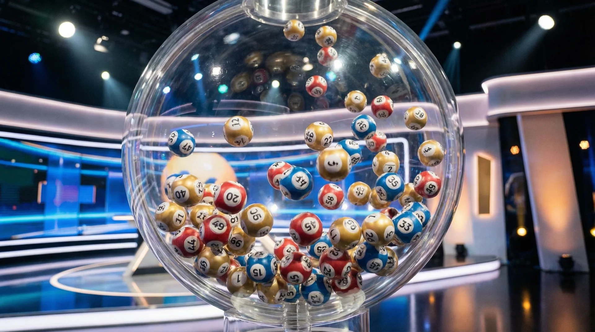 澳门六合彩彩色号码球在透明摇奖机中翻滚